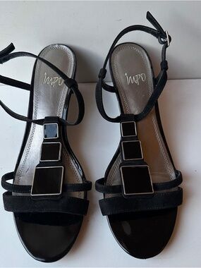 Impo Jill Black Patent & Suede Sandals Mid Wedge Heel Square Detail Size 9 M